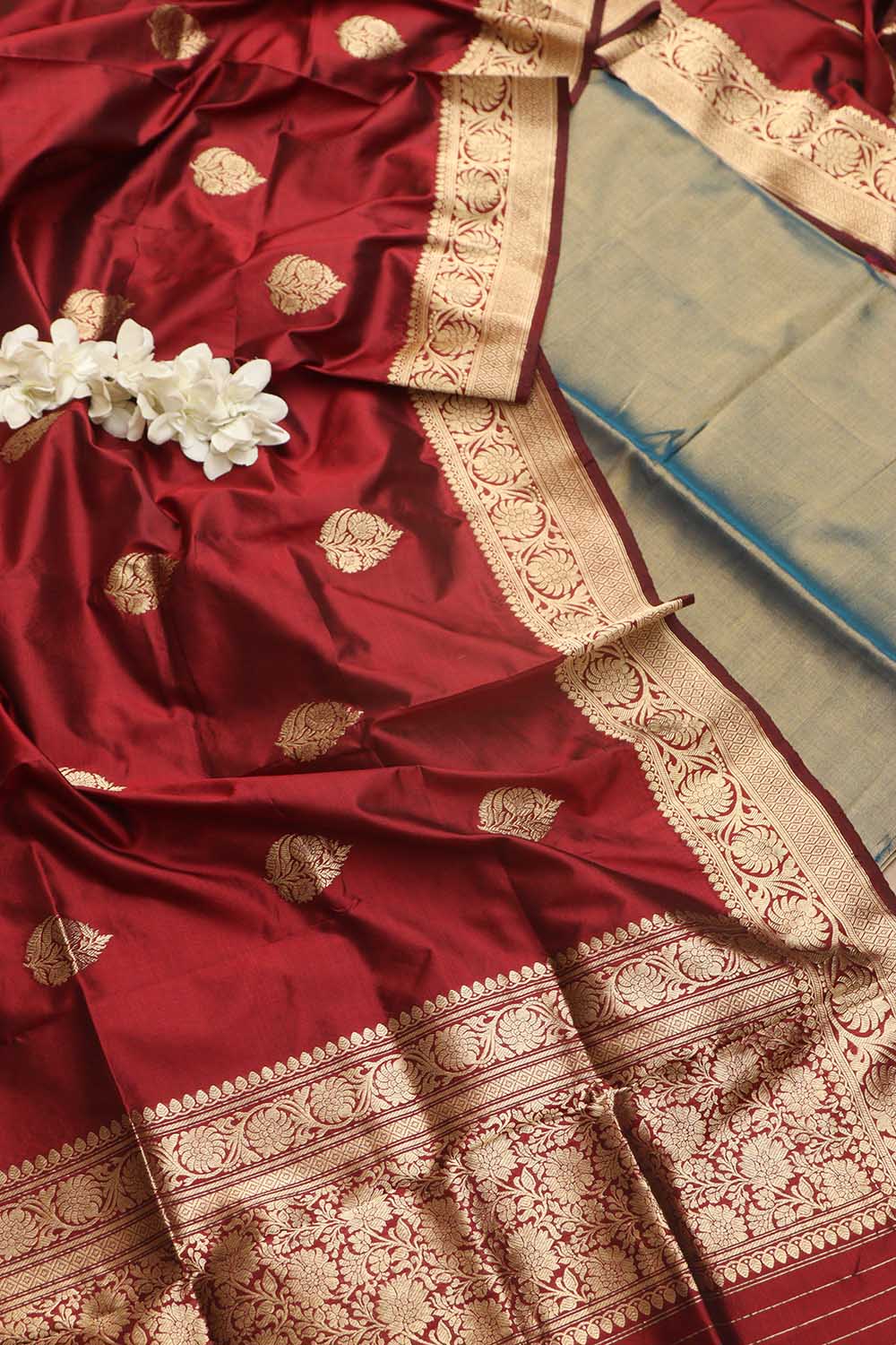 Blue Chanderi Handloom Plain Tissue Silk Suit With Banarasi Handloom Pure Katan Silk Dupatta - Luxurion World