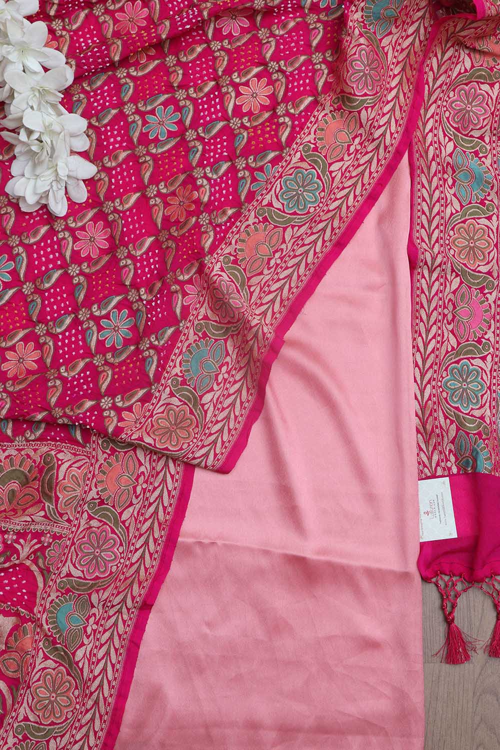Pink Satin Silk Suit With Pink Banarasi Bandhani Pure Georgette Dupatta - Luxurion World