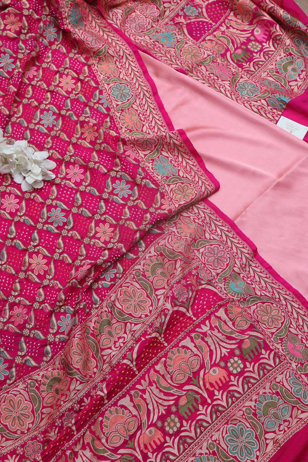 Pink Satin Silk Suit With Pink Banarasi Bandhani Pure Georgette Dupatta - Luxurion World