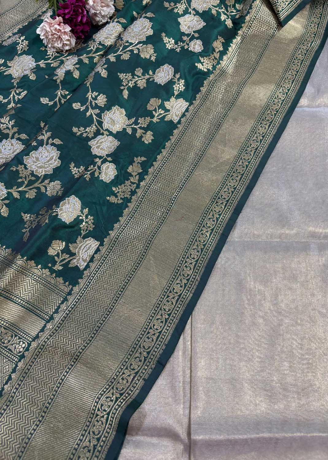 Elegant Greyish Golden Banarasi Tissue Katan Silk Suit With Banarasi Handloom Pure Katan Silk Dupatta - Luxurion World