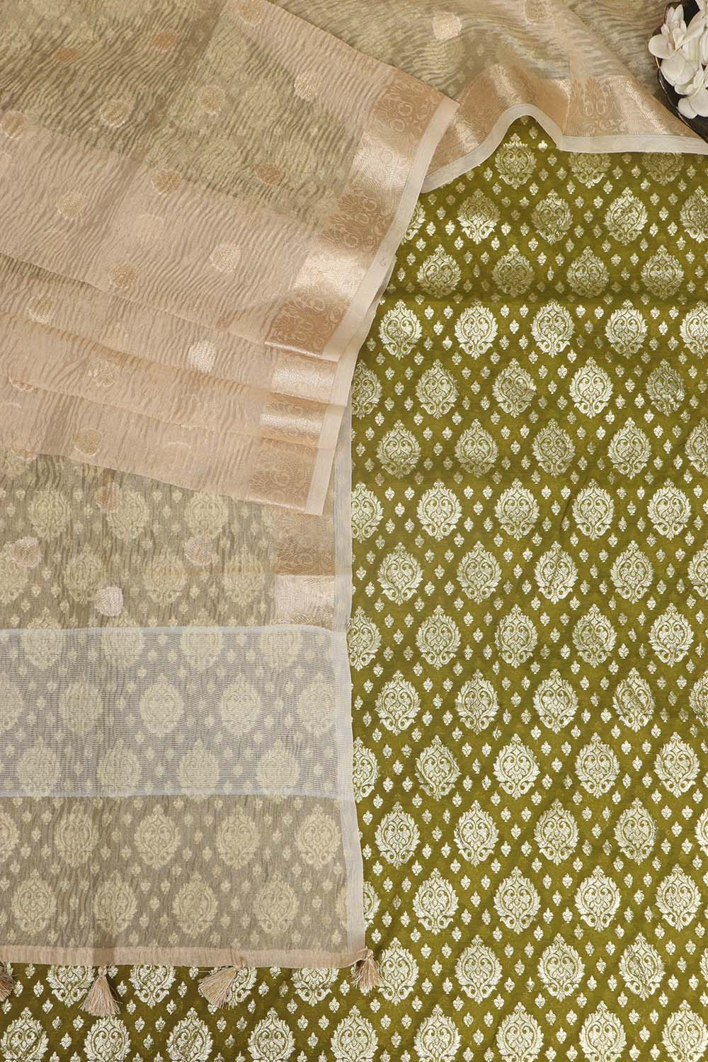 Green Banarasi Chanderi Silk Suit With Dyeable Banarasi Handloom Tissue Silk Dupatta - Luxurion World