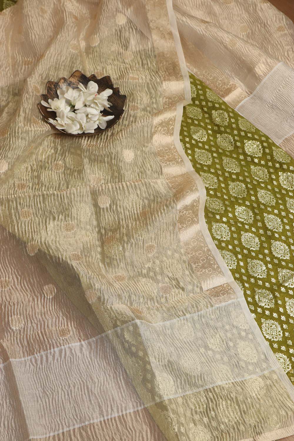 Green Banarasi Chanderi Silk Suit With Dyeable Banarasi Handloom Tissue Silk Dupatta - Luxurion World