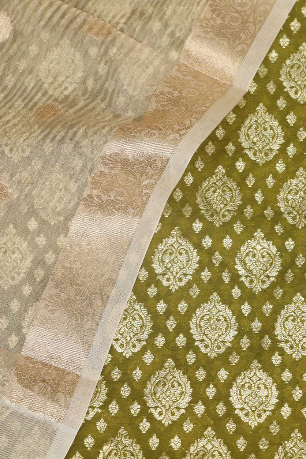 Green Banarasi Chanderi Silk Suit With Dyeable Banarasi Handloom Tissue Silk Dupatta - Luxurion World