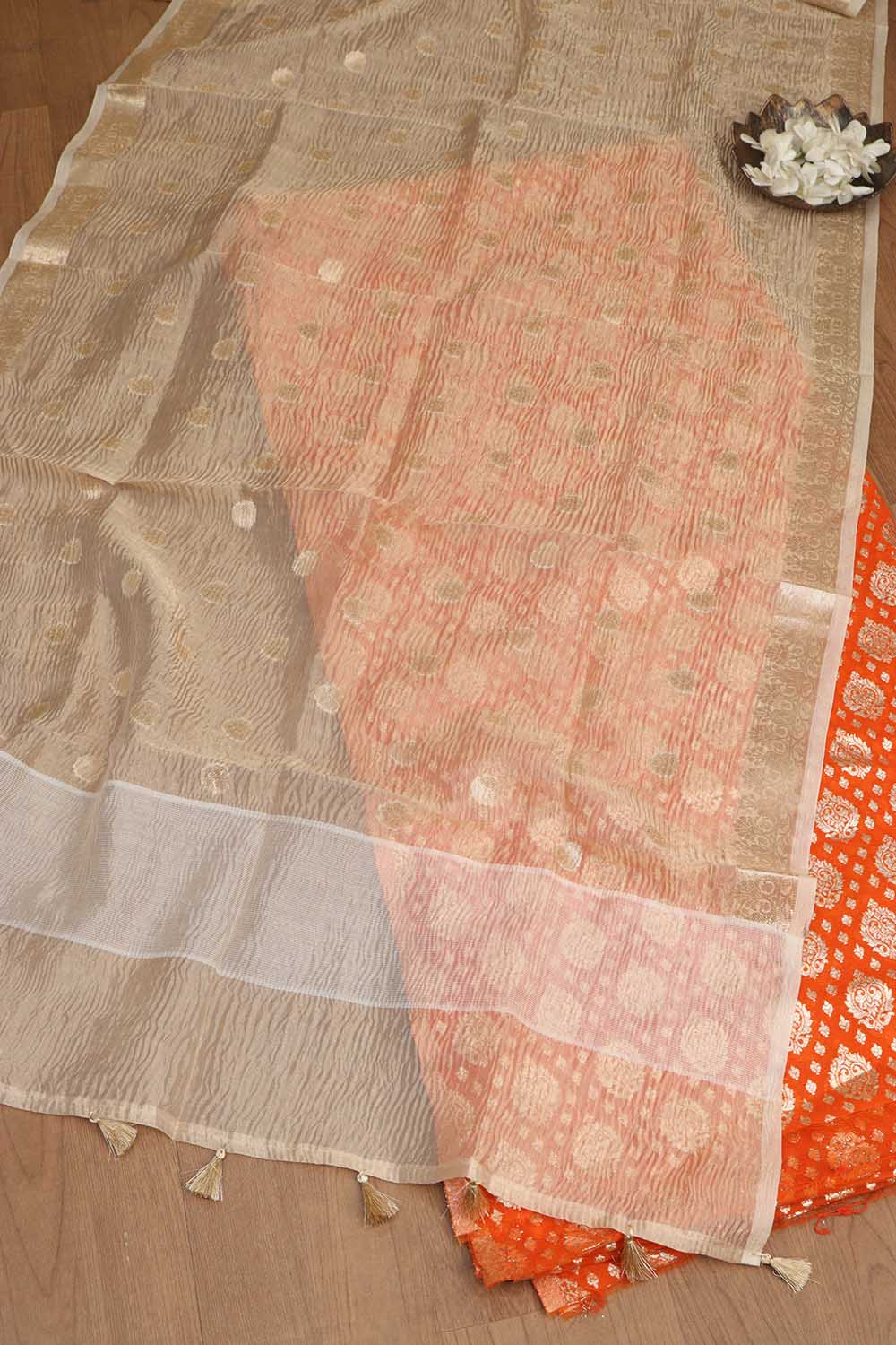 Elegant Orange Banarasi Chanderi Silk Suit With Dyeable Banarasi Handloom Tissue Silk Dupatta - Luxurion World