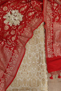 White Banarasi Kimkhwab Silk Suit With Red Banarasi Handloom Pure Georgette Dupatta - Luxurion World