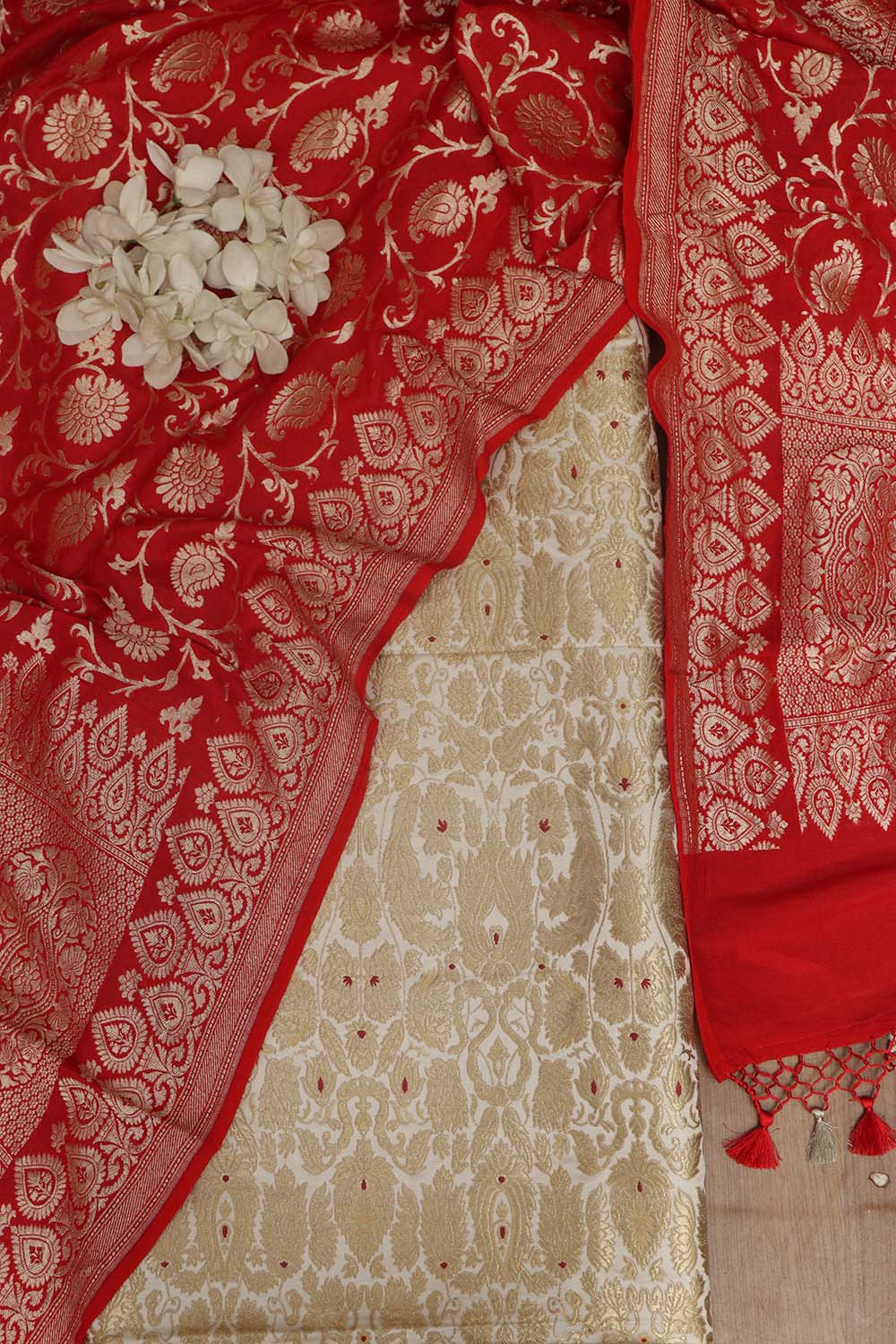 White Banarasi Kimkhwab Silk Suit With Red Banarasi Handloom Pure Georgette Dupatta - Luxurion World