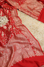 White Banarasi Kimkhwab Silk Suit With Red Banarasi Handloom Pure Georgette Dupatta - Luxurion World