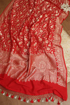 White Banarasi Kimkhwab Silk Suit With Red Banarasi Handloom Pure Georgette Dupatta - Luxurion World