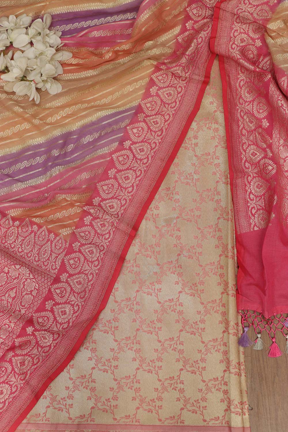 Pink Banarasi Reversible Tissue Silk Suit With Multicolor Banarasi Handloom Pure Moonga Silk Rangkat Dupatta - Luxurion World