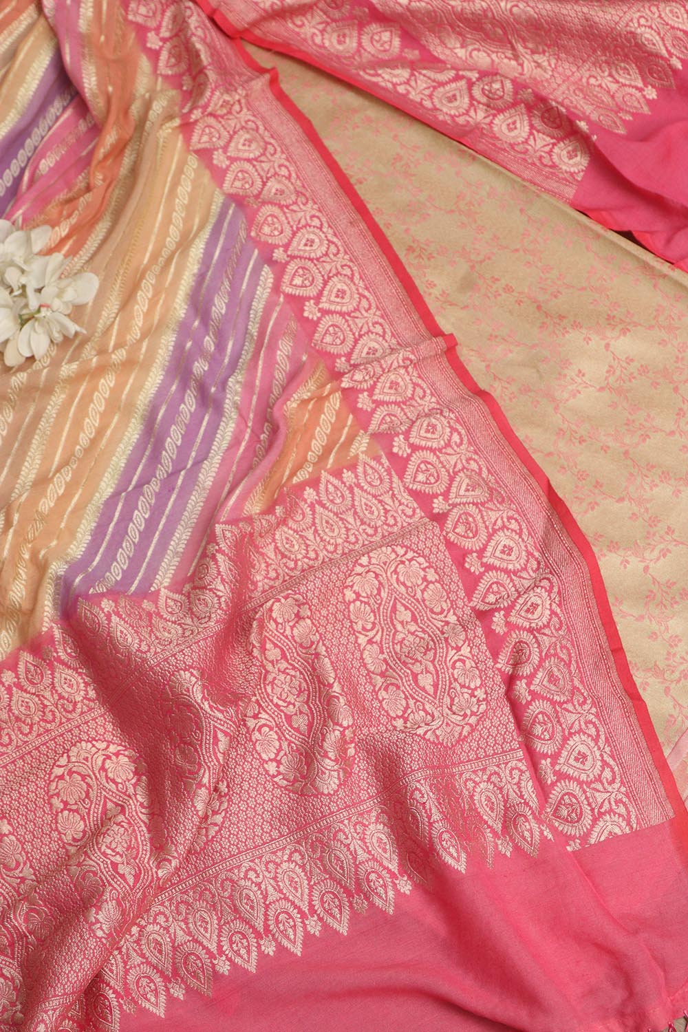 Pink Banarasi Reversible Tissue Silk Suit With Multicolor Banarasi Handloom Pure Moonga Silk Rangkat Dupatta - Luxurion World