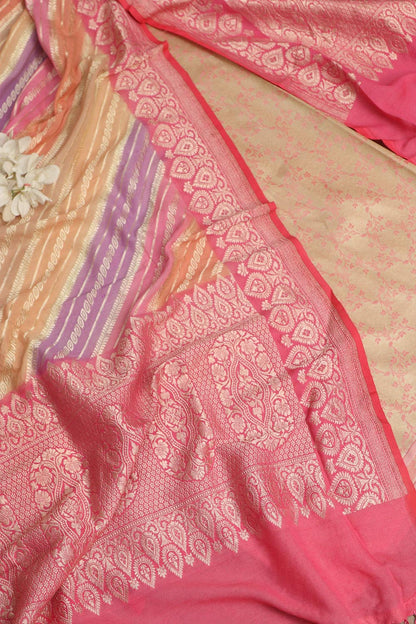 Pink Banarasi Reversible Tissue Silk Suit With Multicolor Banarasi Handloom Pure Moonga Silk Rangkat Dupatta - Luxurion World