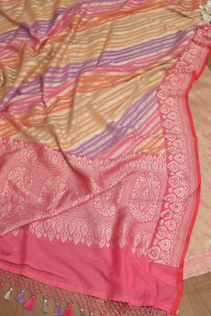 Pink Banarasi Reversible Tissue Silk Suit With Multicolor Banarasi Handloom Pure Moonga Silk Rangkat Dupatta - Luxurion World