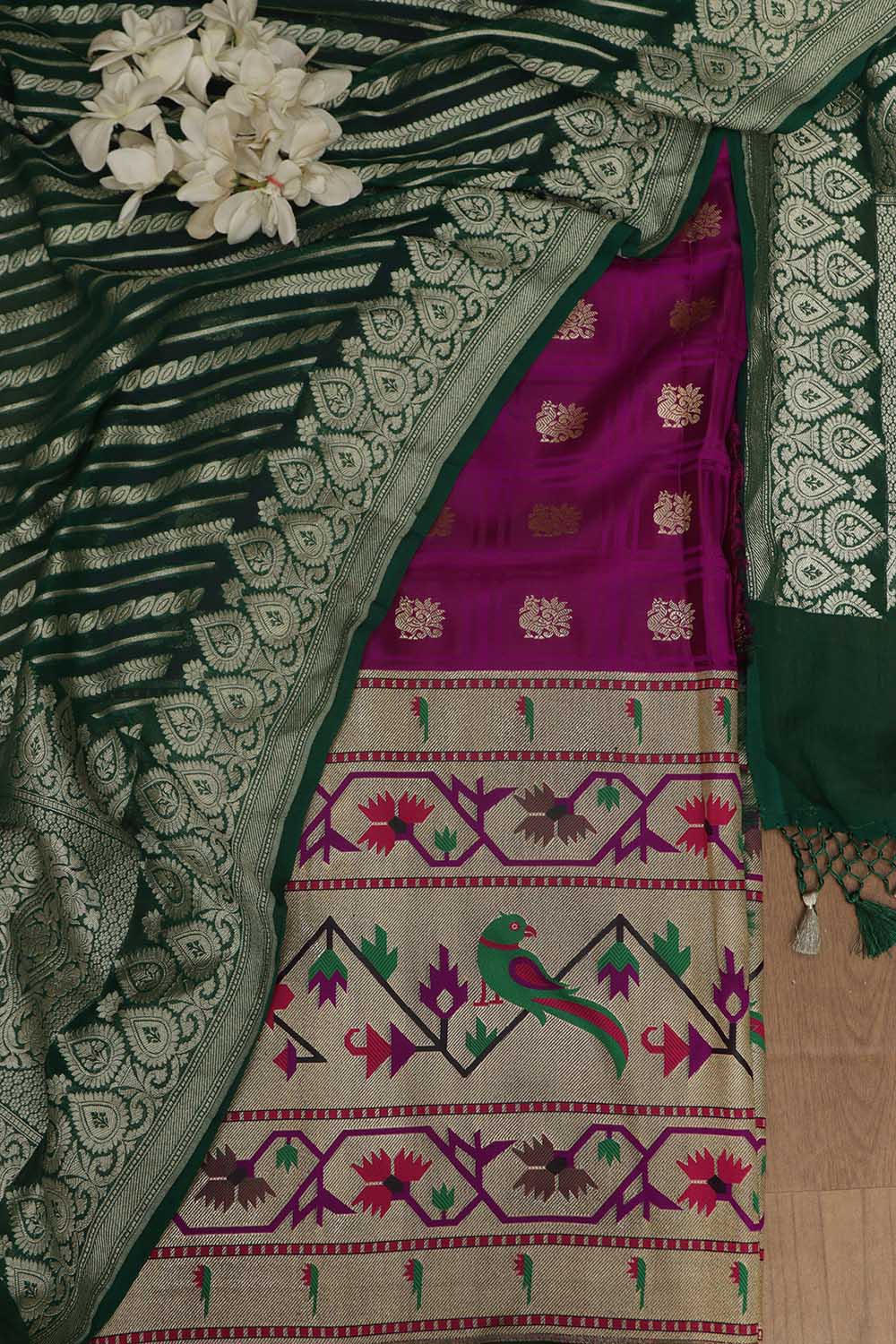 Purple Banarasi Silk Big Border Suit With Green Banarasi Handloom Pure Georgette Dupatta - Luxurion World