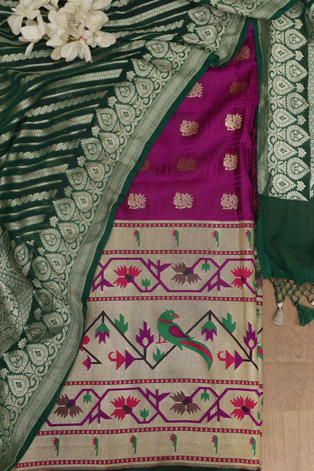 Purple Banarasi Silk Big Border Suit With Green Banarasi Handloom Pure Georgette Dupatta - Luxurion World