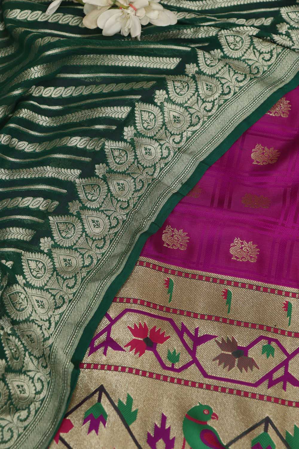Purple Banarasi Silk Big Border Suit With Green Banarasi Handloom Pure Georgette Dupatta - Luxurion World