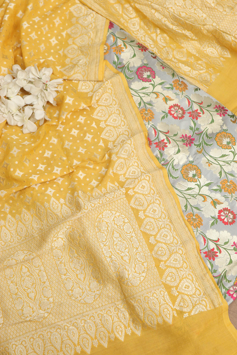 Grey Banarasi KimKhwab Silk Meenakari Suit With Yellow Banarasi Handloom Pure Moonga Silk Dupatta - Luxurion World