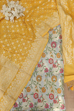 Grey Banarasi KimKhwab Silk Meenakari Suit With Yellow Banarasi Handloom Pure Moonga Silk Dupatta - Luxurion World