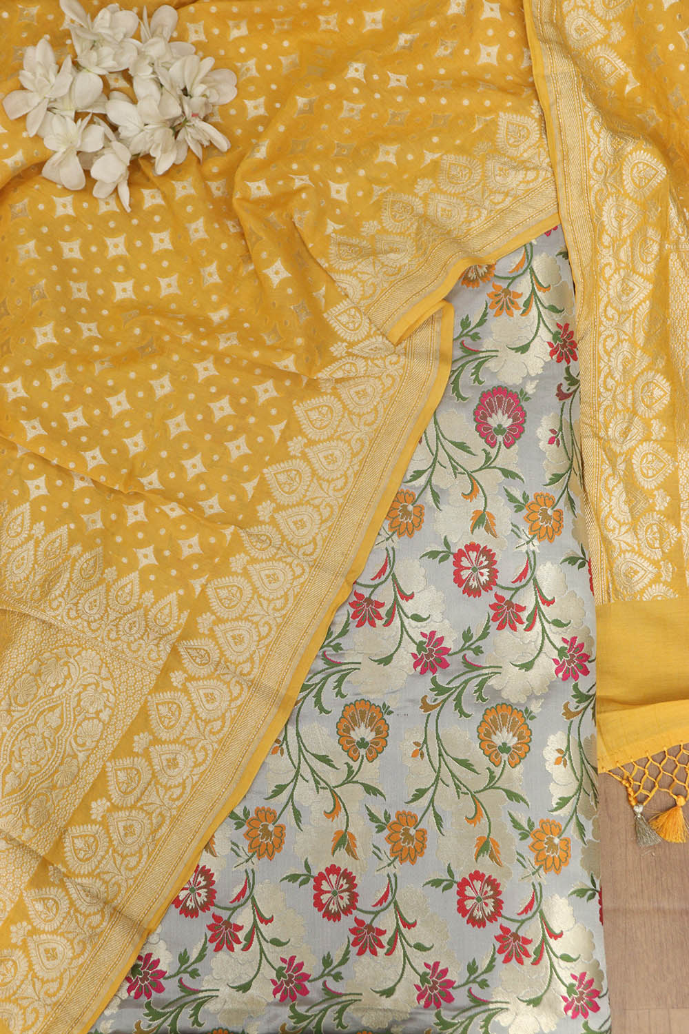 Grey Banarasi KimKhwab Silk Meenakari Suit With Yellow Banarasi Handloom Pure Moonga Silk Dupatta - Luxurion World