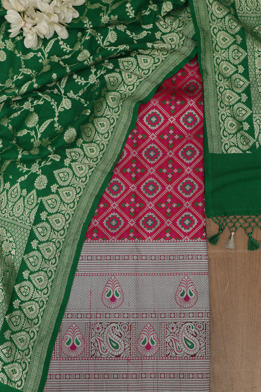 Pink Banarasi Silk Big Border Suit With Green Banarasi Handloom Pure Moonga Silk Dupatta - Luxurion World