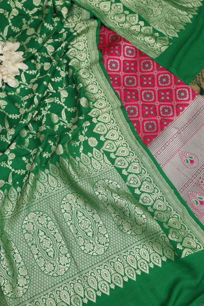 Pink Banarasi Silk Big Border Suit With Green Banarasi Handloom Pure Moonga Silk Dupatta - Luxurion World