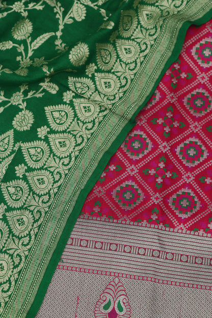 Pink Banarasi Silk Big Border Suit With Green Banarasi Handloom Pure Moonga Silk Dupatta - Luxurion World