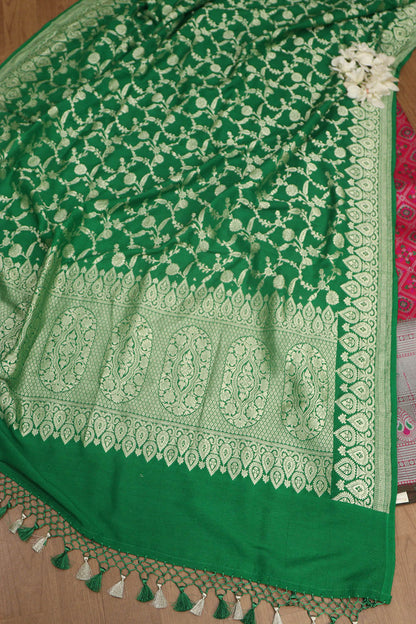 Pink Banarasi Silk Big Border Suit With Green Banarasi Handloom Pure Moonga Silk Dupatta - Luxurion World