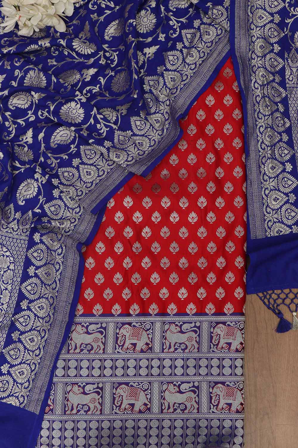 Red Banarasi Silk Big Border Suit With Blue Banarasi Handloom Pure Moonga Silk Dupatta - Luxurion World