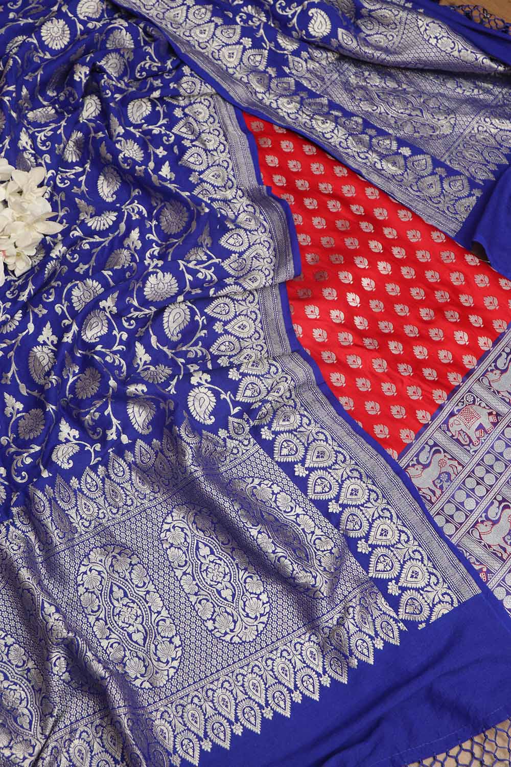 Red Banarasi Silk Big Border Suit With Blue Banarasi Handloom Pure Moonga Silk Dupatta - Luxurion World