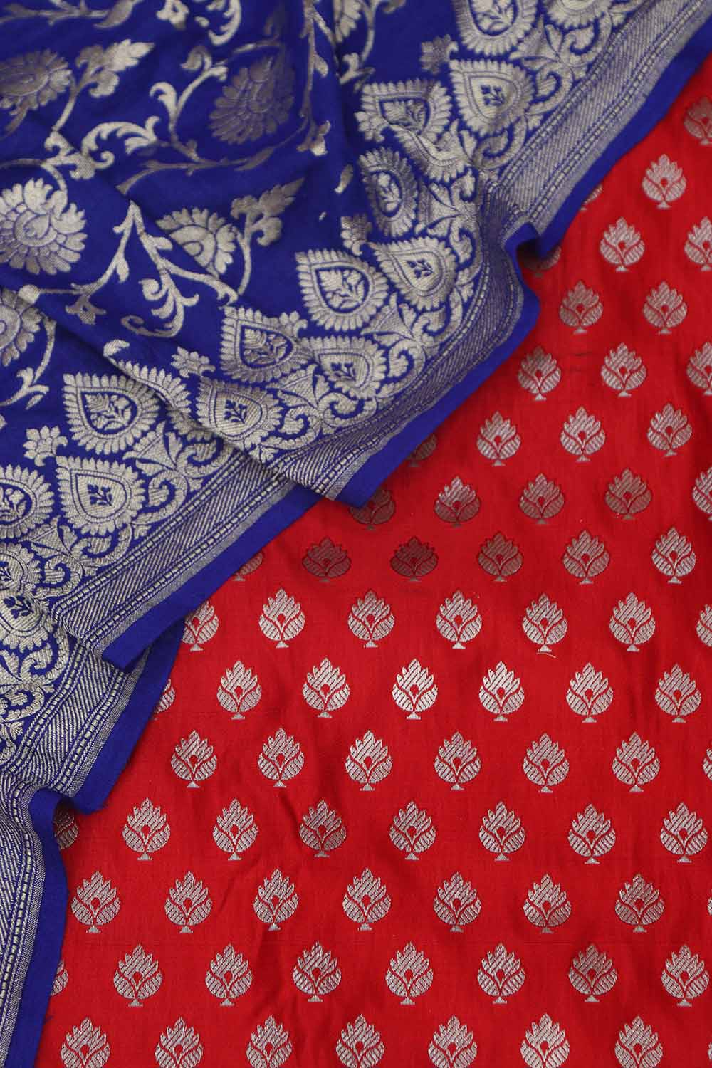 Red Banarasi Silk Big Border Suit With Blue Banarasi Handloom Pure Moonga Silk Dupatta - Luxurion World