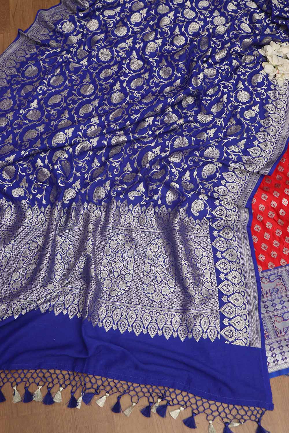 Red Banarasi Silk Big Border Suit With Blue Banarasi Handloom Pure Moonga Silk Dupatta - Luxurion World