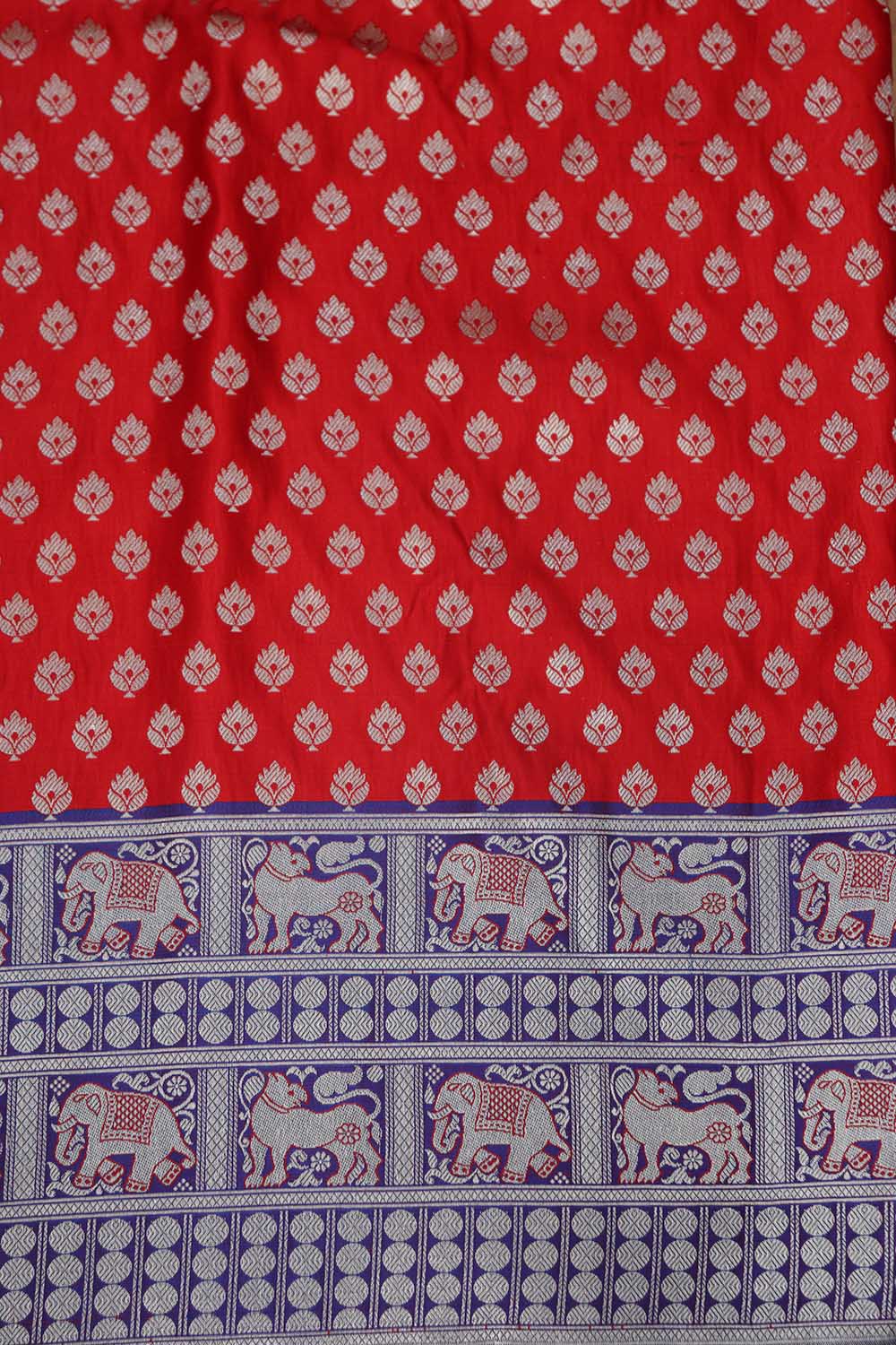 Red Banarasi Silk Big Border Suit With Blue Banarasi Handloom Pure Moonga Silk Dupatta - Luxurion World
