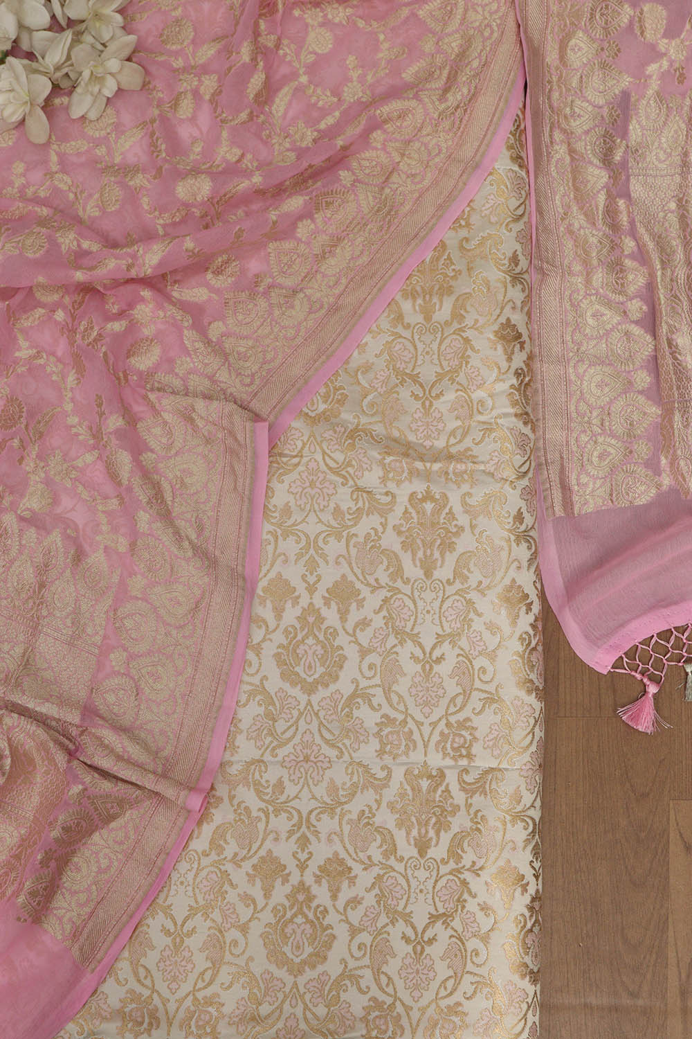 Pastel Banarasi Kimkhwab Silk Meenakari Suit With Pink Banarasi Handloom Pure Georgette Dupatta - Luxurion World