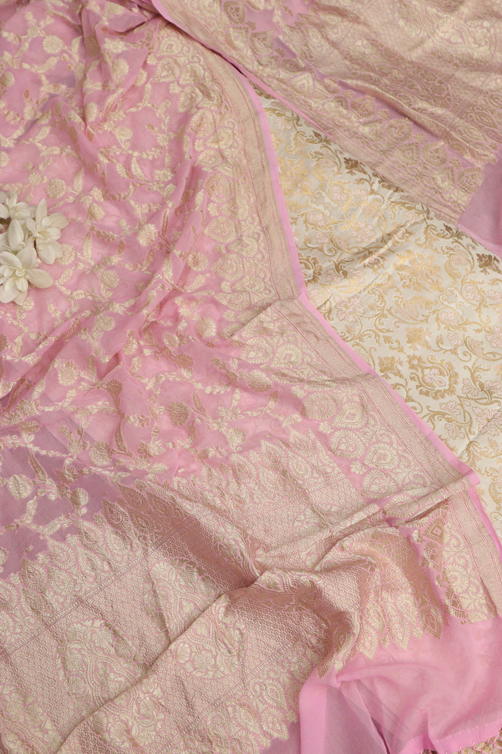 Pastel Banarasi Kimkhwab Silk Meenakari Suit With Pink Banarasi Handloom Pure Georgette Dupatta - Luxurion World