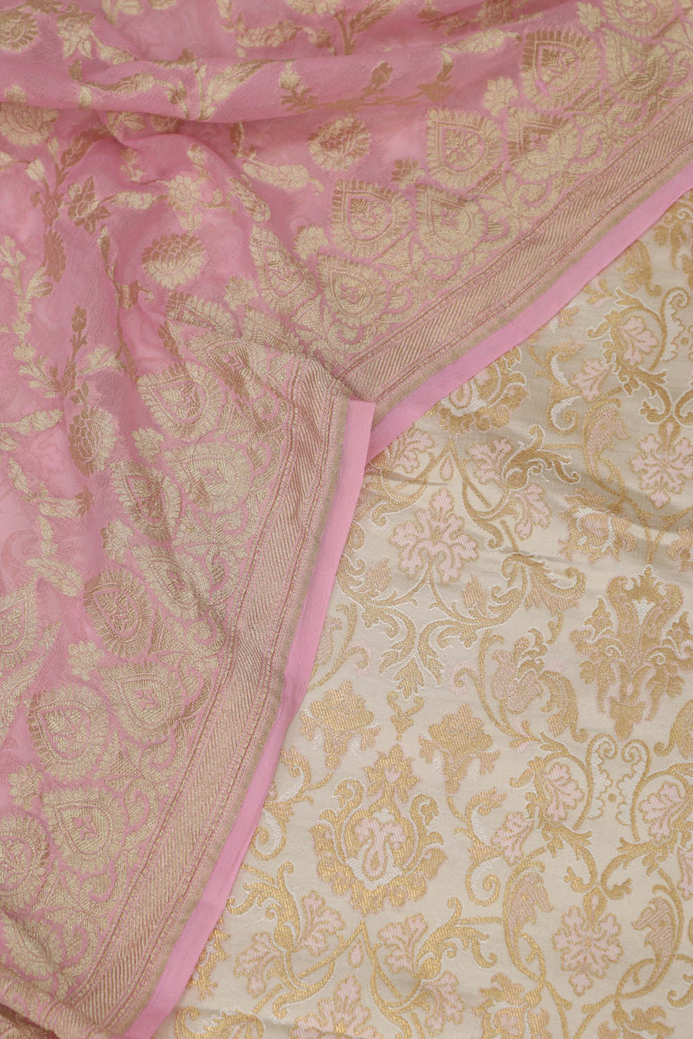 Pastel Banarasi Kimkhwab Silk Meenakari Suit With Pink Banarasi Handloom Pure Georgette Dupatta - Luxurion World