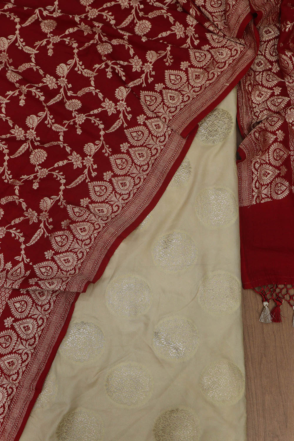 Pastel Banarasi Silk Suit With Red Banarasi Handloom Pure Moonga Silk Dupatta - Luxurion World