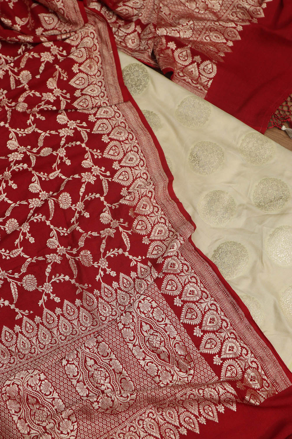 Pastel Banarasi Silk Suit With Red Banarasi Handloom Pure Moonga Silk Dupatta - Luxurion World