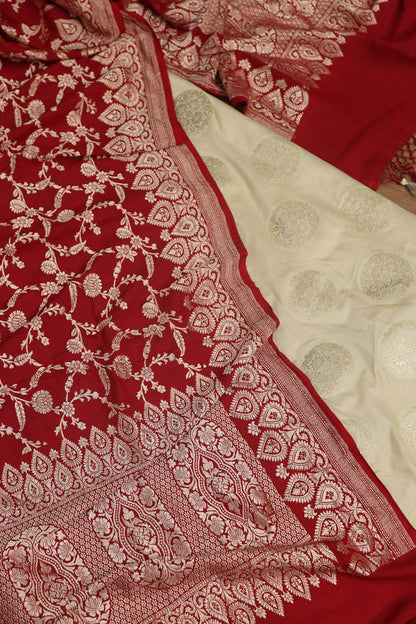 Pastel Banarasi Silk Suit With Red Banarasi Handloom Pure Moonga Silk Dupatta - Luxurion World