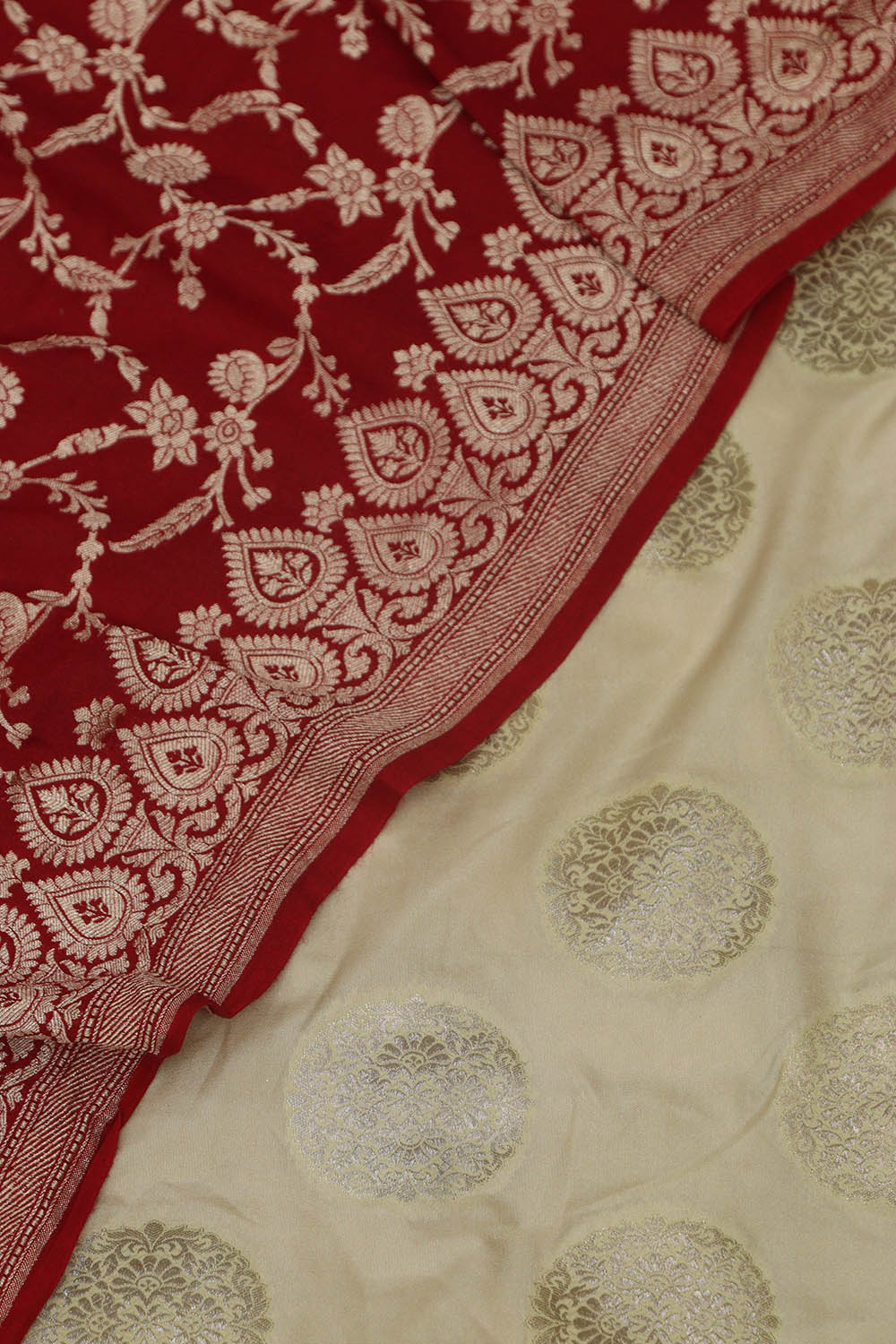 Pastel Banarasi Silk Suit With Red Banarasi Handloom Pure Moonga Silk Dupatta - Luxurion World