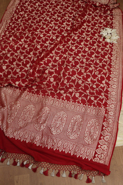 Pastel Banarasi Silk Suit With Red Banarasi Handloom Pure Moonga Silk Dupatta - Luxurion World