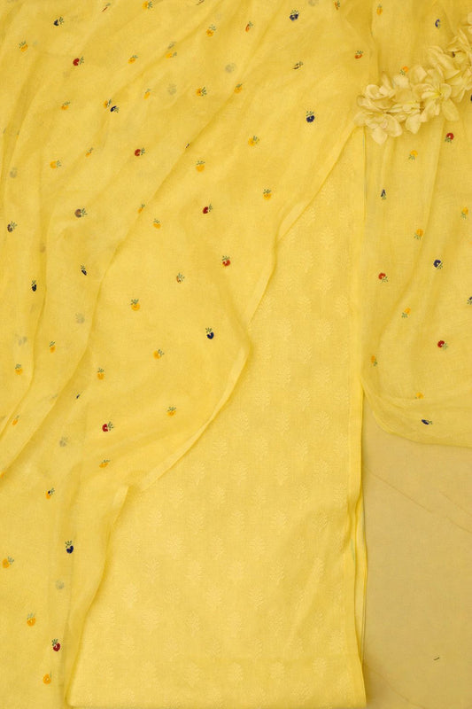 Yellow Pure Cotton Handloom Banarasi Suit With Banarasi Handloom Mul Cotton Dupatta - Luxurion World