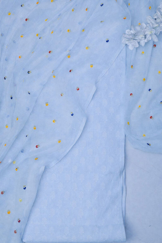 Blue Pure Cotton Handloom Banarasi Suit With Banarasi Handloom Mul Cotton Dupatta - Luxurion World