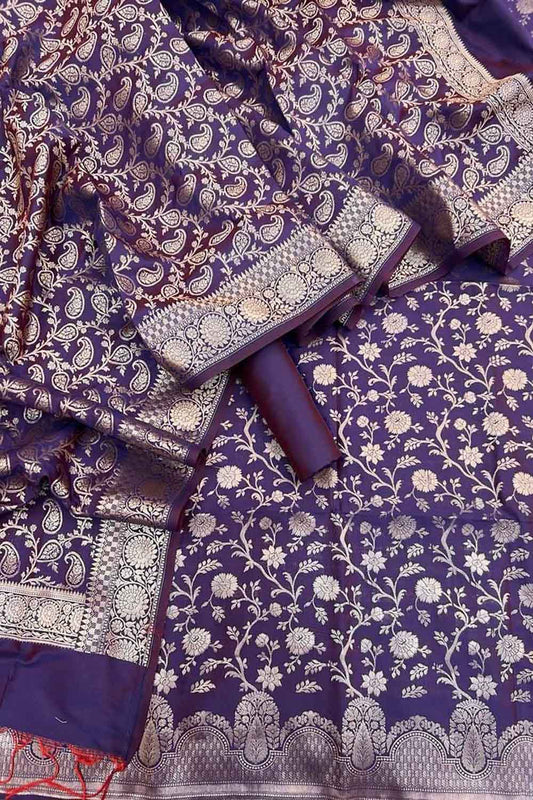 Purple Banarasi Silk Three Piece Unstitched Suit Set - Luxurion World