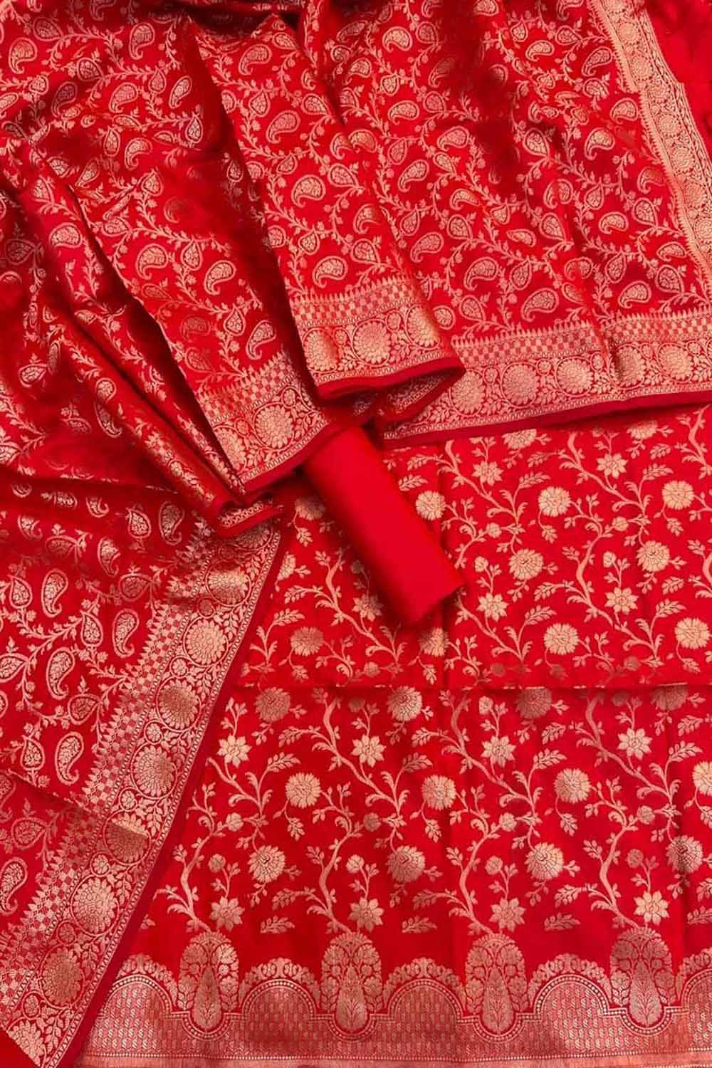 Red Banarasi Silk Three Piece Unstitched Suit Set - Luxurion World