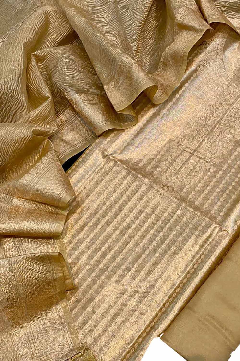 Golden Banarasi Tissue Silk Three Piece Unstitched Suit Set - Luxurion World