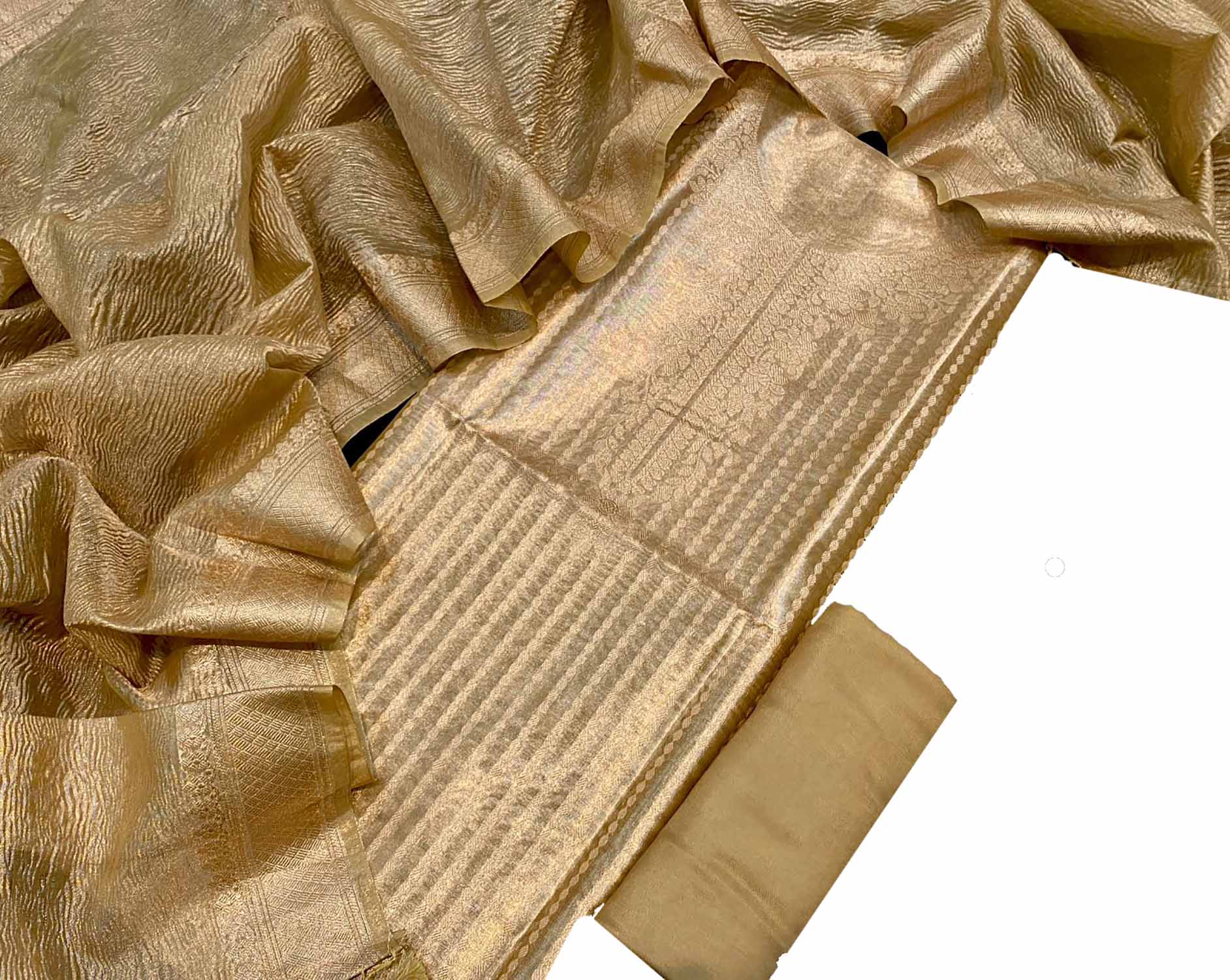 Golden Banarasi Tissue Silk Three Piece Unstitched Suit Set - Luxurion World