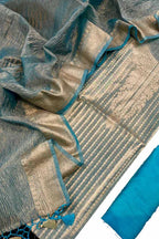 Stunning Blue Banarasi Tissue Silk Three Piece Unstitched Suit Set - Luxurion World