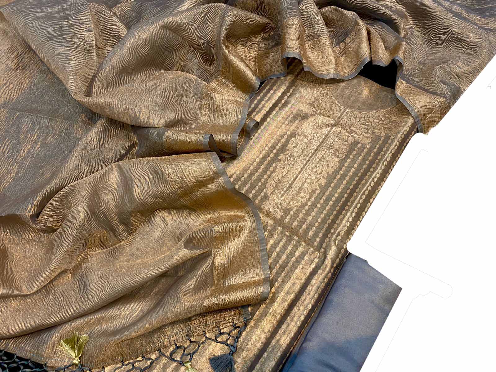 Graceful Grey Banarasi Tissue Silk Three Piece Unstitched Suit Set - Luxurion World