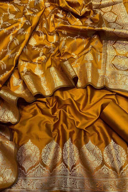 Golden Banarasi Silk Three Piece Unstitched Suit Set - Luxurion World