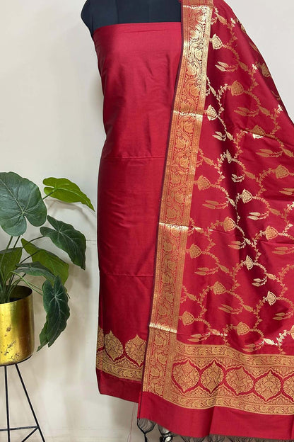 Elegant Red Banarasi Silk Three Piece Unstitched Suit Set - Luxurion World