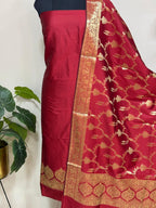 Elegant Red Banarasi Silk Three Piece Unstitched Suit Set - Luxurion World